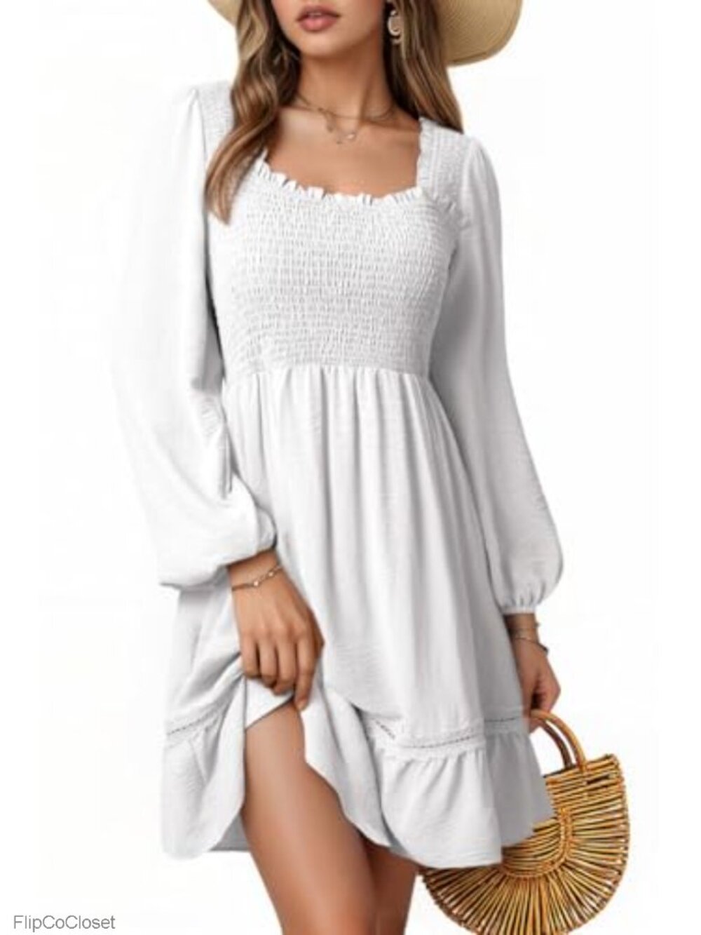 Square Neck Long Sleeve Smocked Dress Flowy Tiered Ruffle Lace Mini Dress